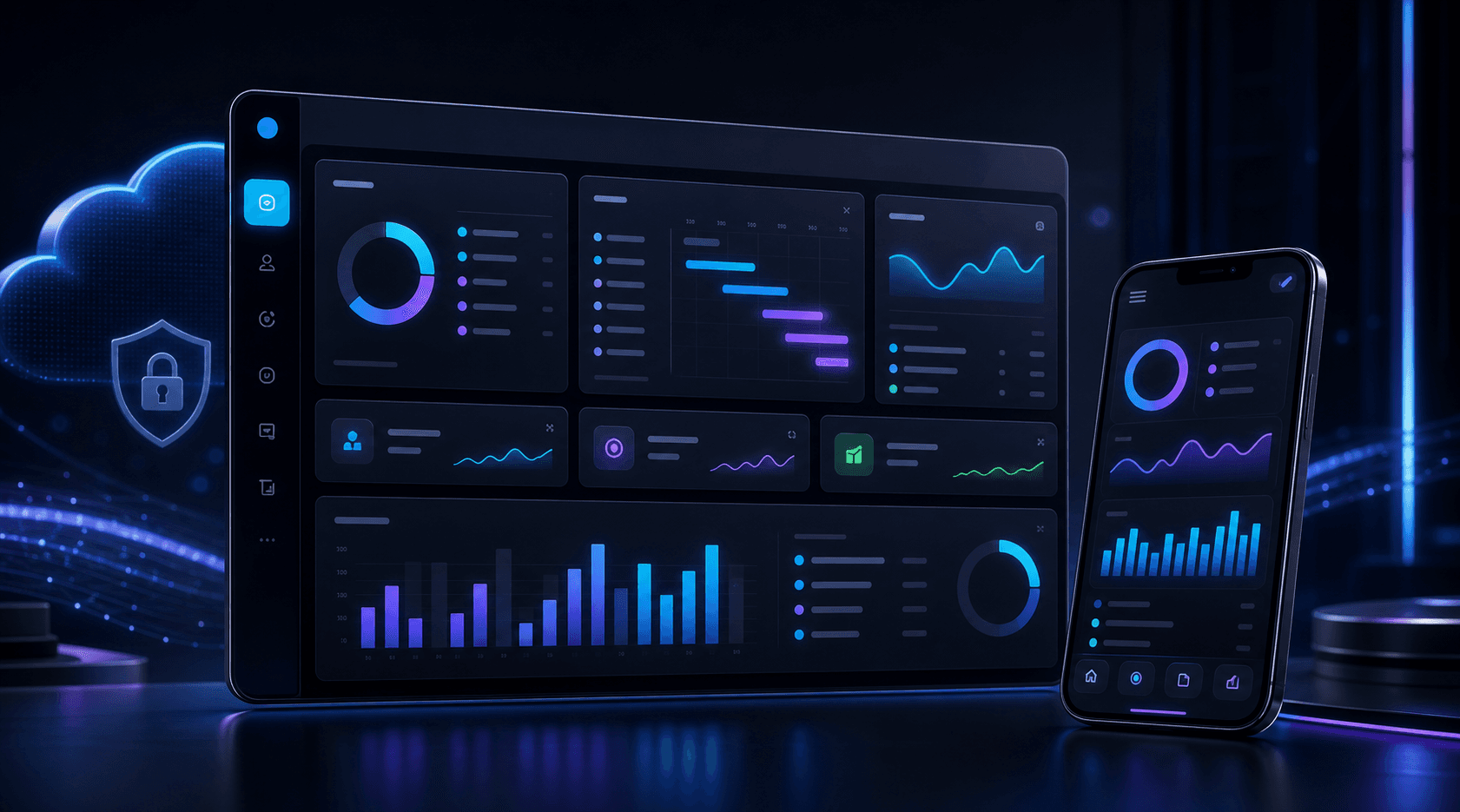 Visual premium do dashboard EMABI e aplicativo mobile